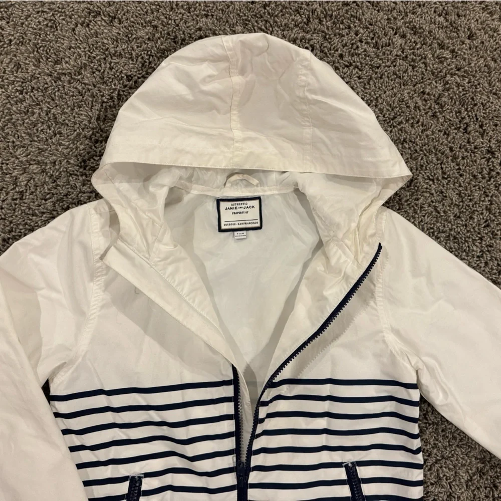 Janie and Jack white and navy blue Hooded Jacket, size 7-8